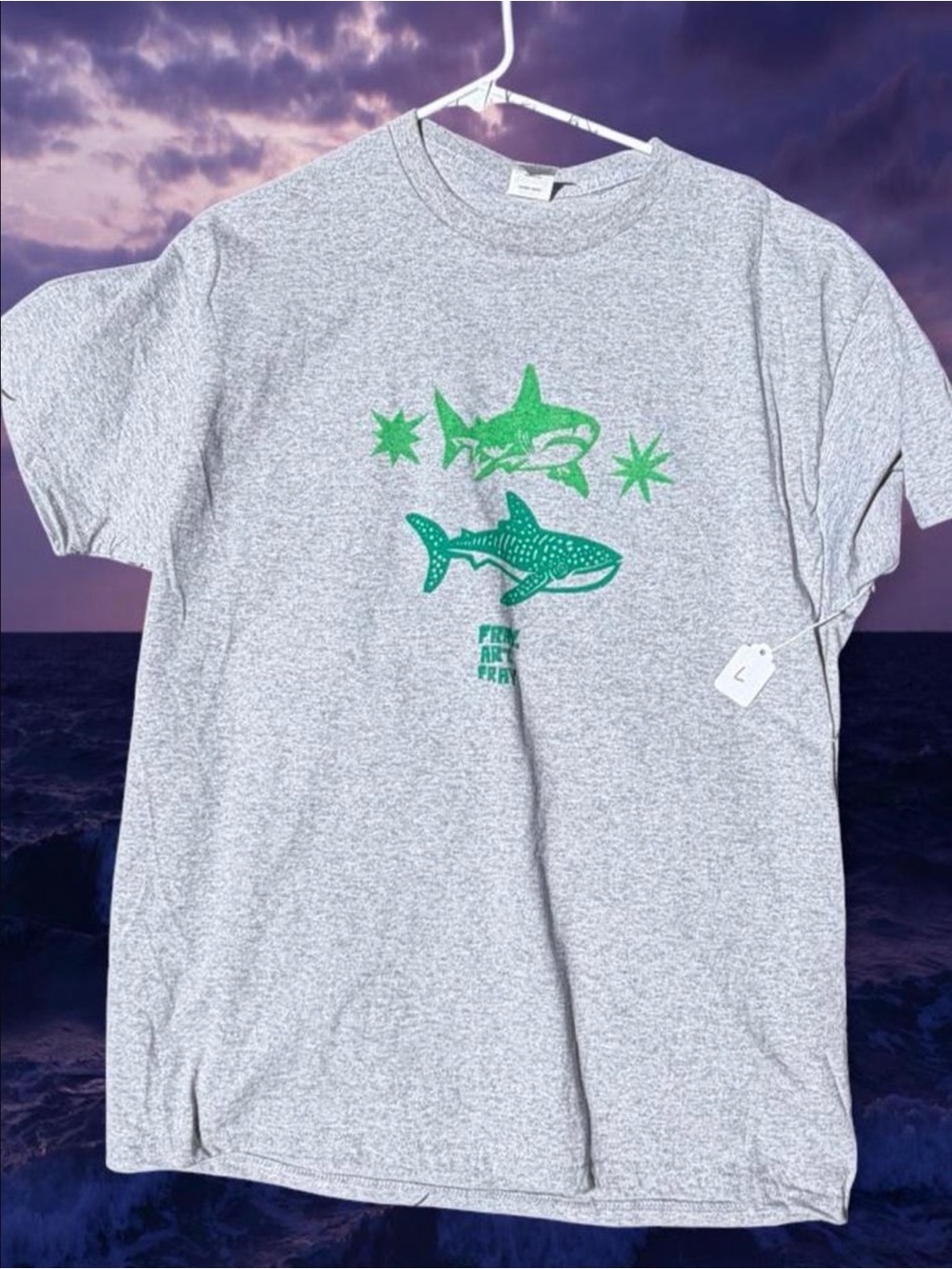Gray T-Shirt with Green Shark Graphic - Unbranded